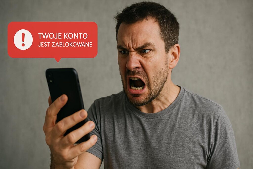 Zdenerwowany mężczyzna trzymający telefon komórkowy. Nad telefonem jest czerwona chmurka z wykrzyknikiem i napis "twoje konto jest zablokowane". 